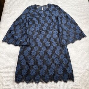 Trina Turk Shift Dress Womens 14 Navy Bell Sleeve Cocktail Lace Floral Romantic